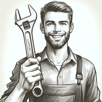 DALL·E 2024-01-15 17.51.34 - Create a hand-drawn sketch of a Caucasian man holding a spanner with a smile on his face. The man is depicted in a joyful and content manner, proudly